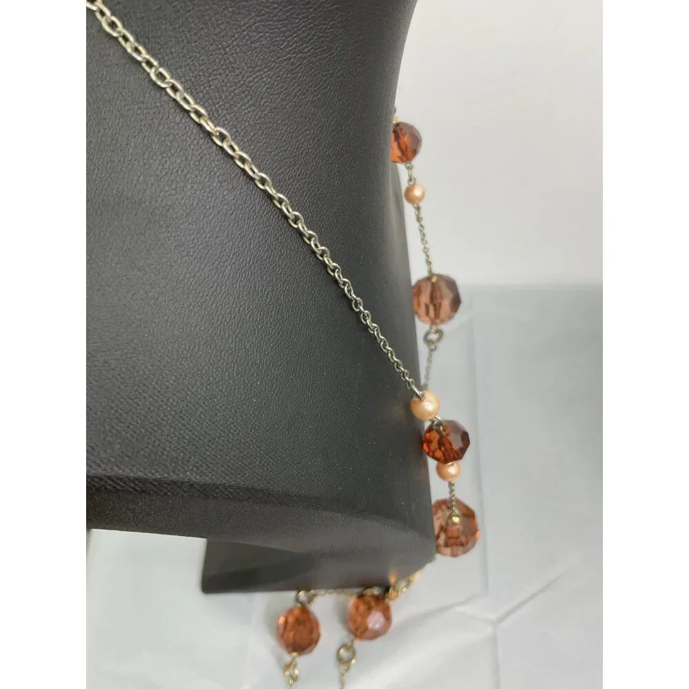 Long Beaded Necklace With Large Amber Colored & Pearl-Like Beads